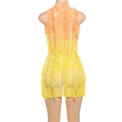 Crewneck hollow out see through gradient tassels mini dress
