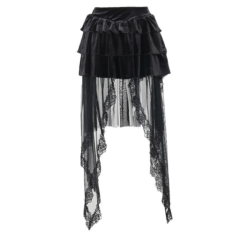 Velvet ruched solid lace hem mesh mini skirt