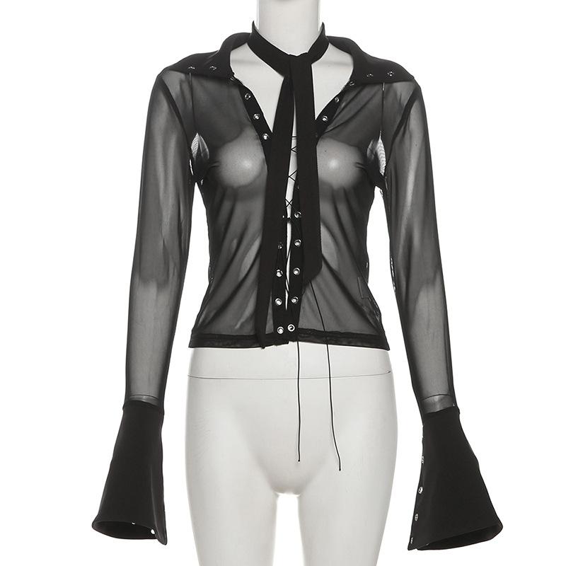 Turnover collar long sleeve mesh self tie top
