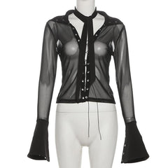 Turnover collar long sleeve mesh self tie top