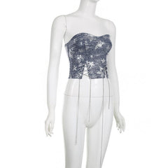 Glitter denim star pattern metal chain tube top