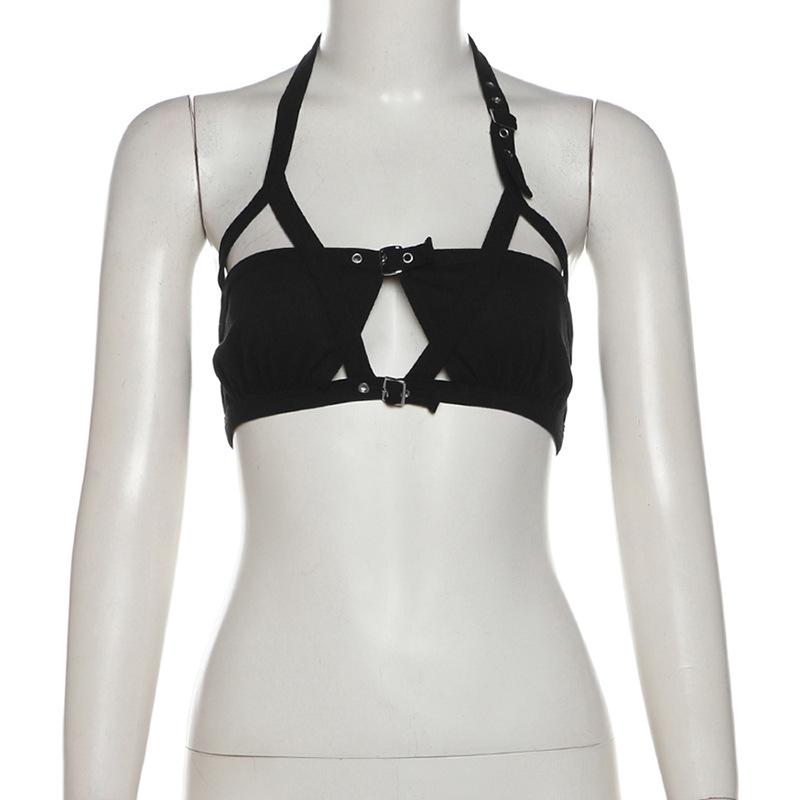 Halter hollow out buckle backless crop top