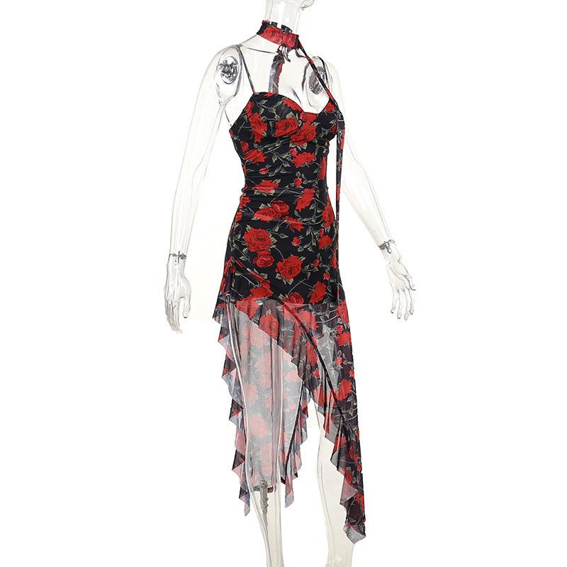 Sweetheart neck ruffle print irregular cami midi dress  | red tango dress