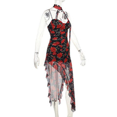 Sweetheart neck ruffle print irregular cami midi dress  | red tango dress