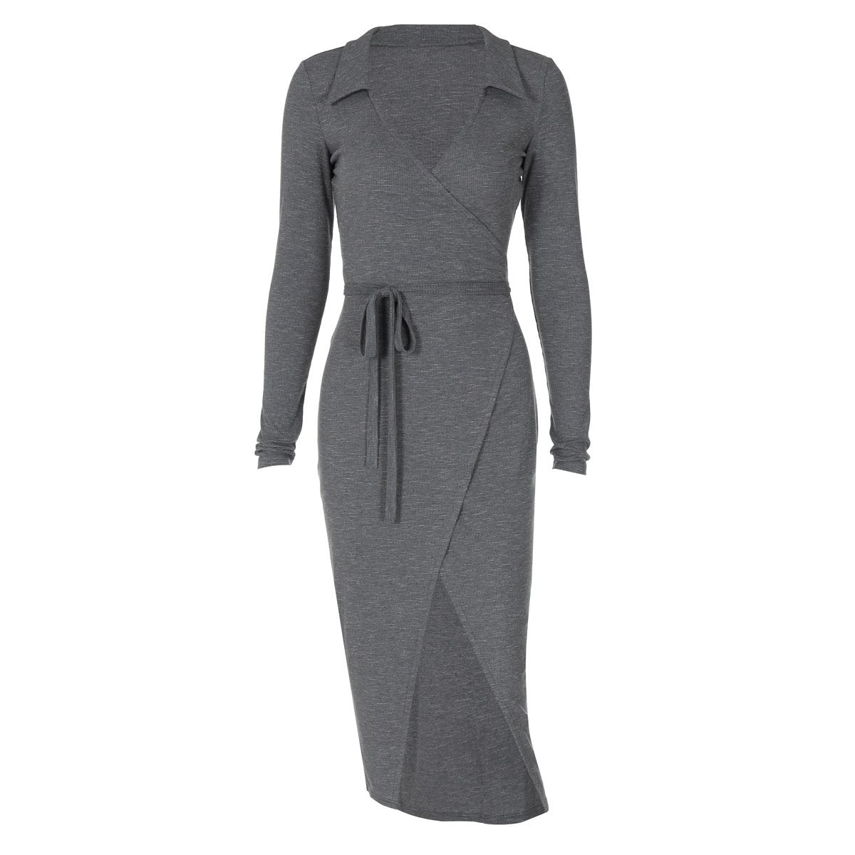 Turnover collar long sleeve slit self tie midi dress  | red tango dress