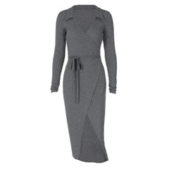 Turnover collar long sleeve slit self tie midi dress  | red tango dress