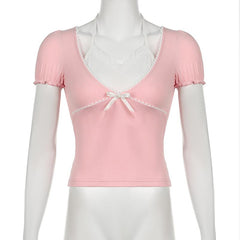 Halter short sleeve bowknot ruffle top