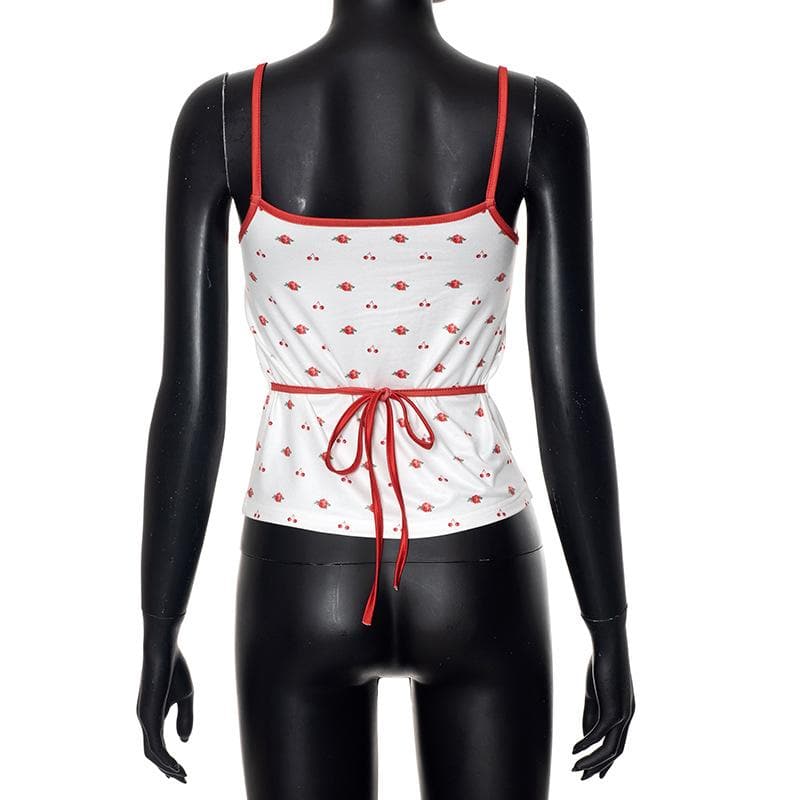 Self tie u neck cherry print contrast backless cami top