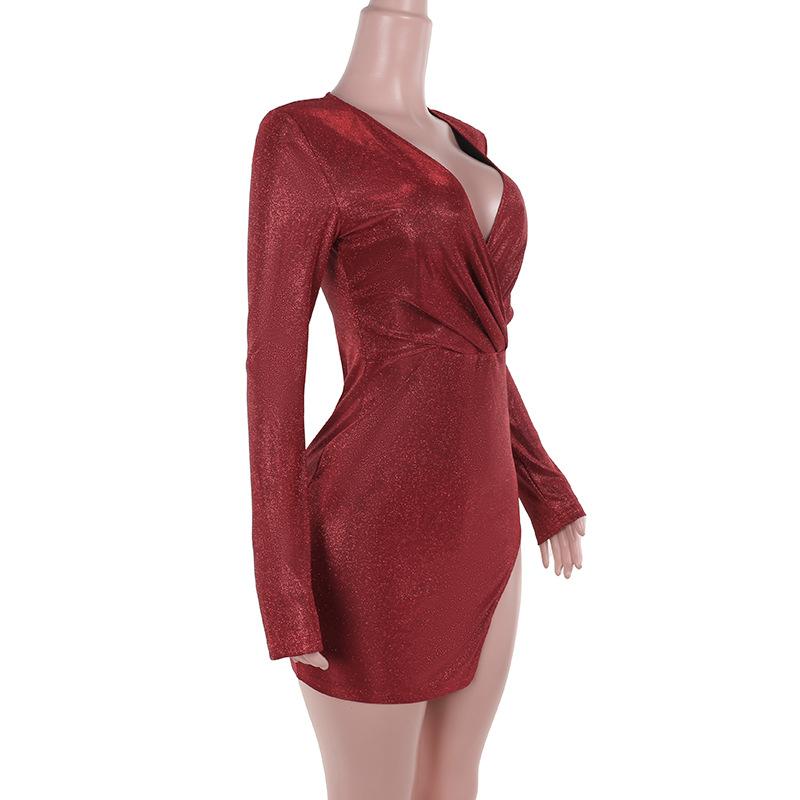V neck long sleeve ruched slit glitter mini dress  | red tango dress