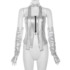 Metallic gloves zip-up tube top