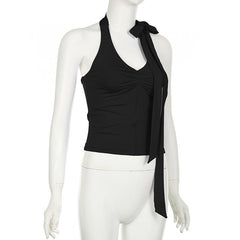 Halter knotted irregular v neck backless top
