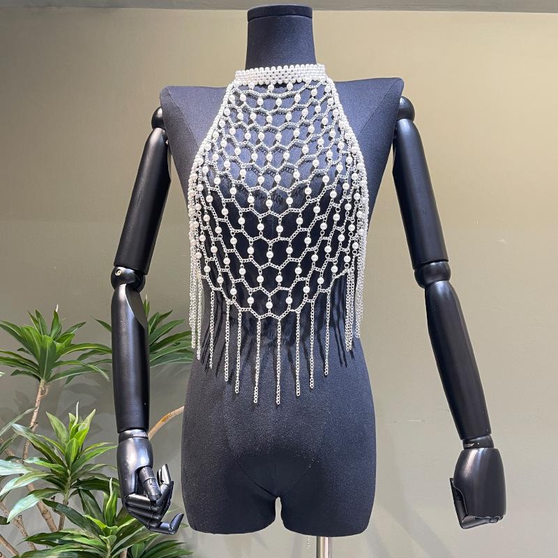 Halter metal chain beaded tassels backless hollow out top