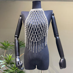 Halter metal chain beaded tassels backless hollow out top