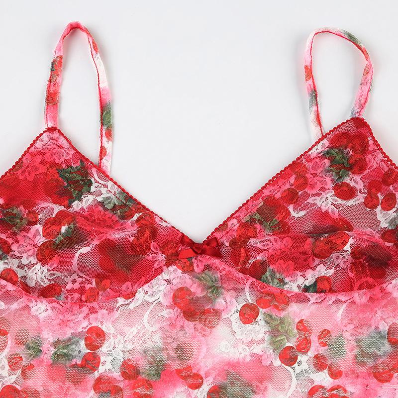 V neck flower print lace see through cami top