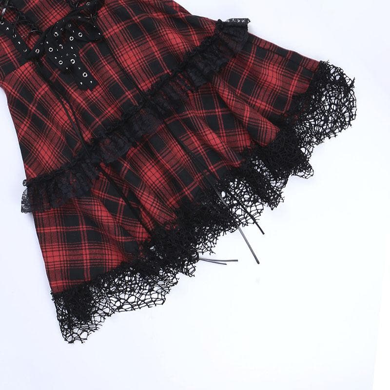Zip-up lace hem lace up plaid backless mini dress  | red tango dress