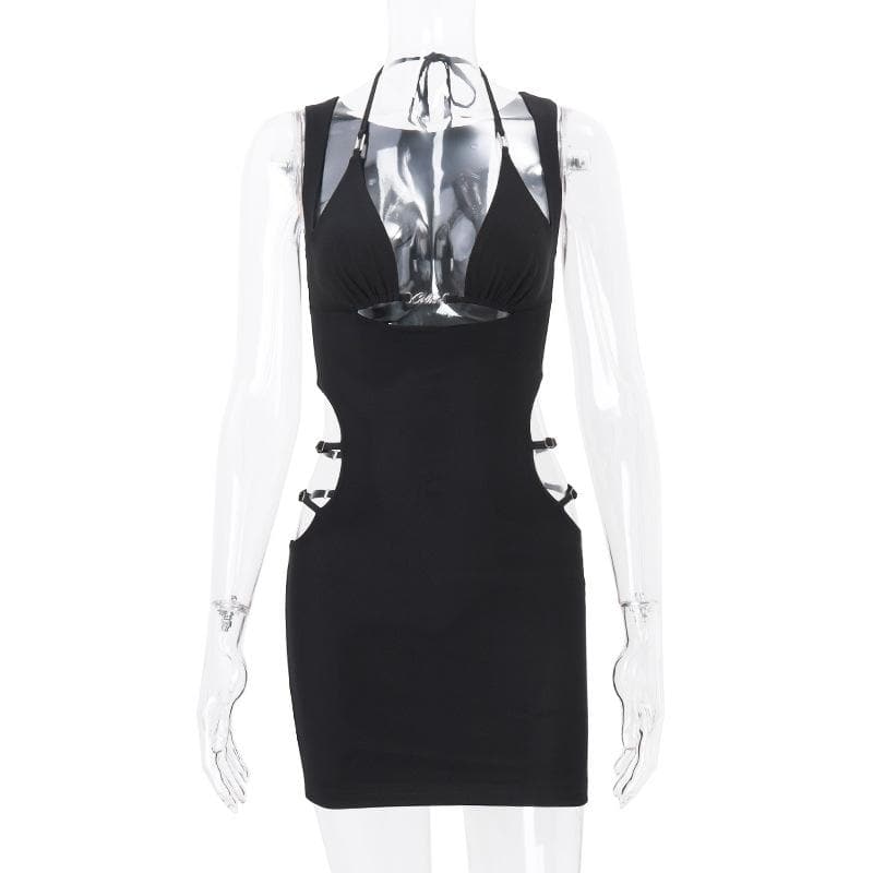 Halter metal letter hollow out cut out mini dress