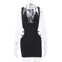 Halter metal letter hollow out cut out mini dress