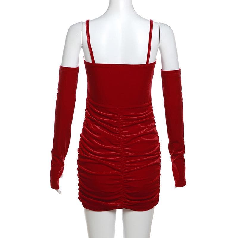 Velvet gloves ruched mesh backless cami mini dress  | red tango dress