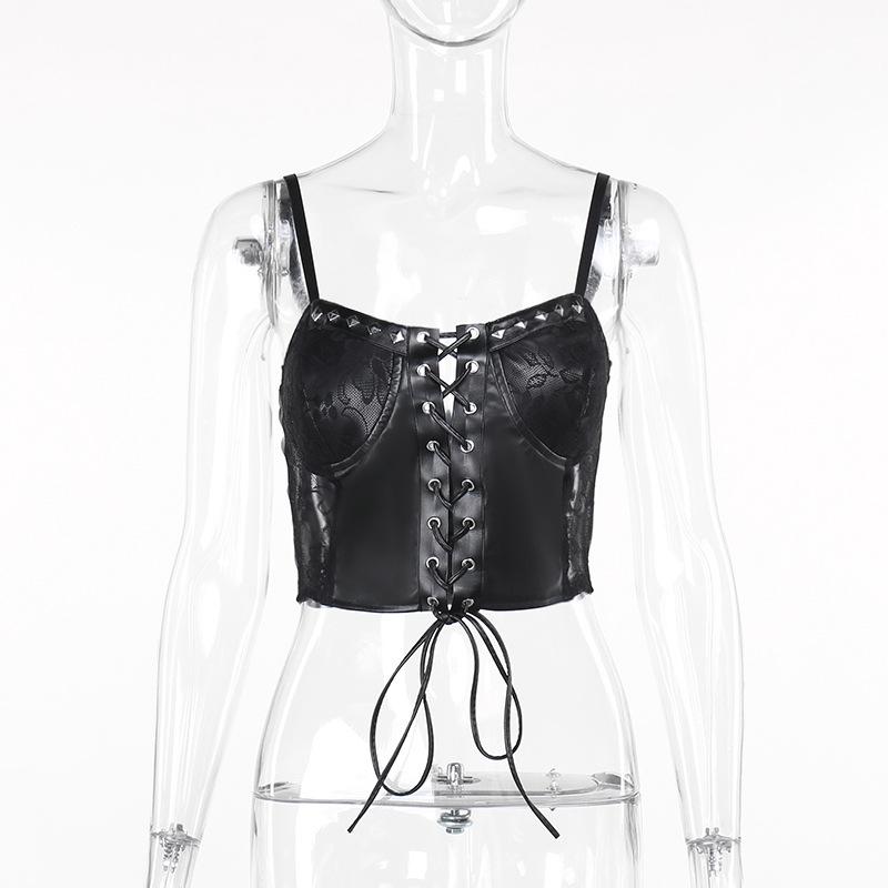 Lace up PU leather patchwork lace rivet cami top