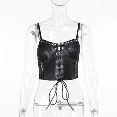 Lace up PU leather patchwork lace rivet cami top