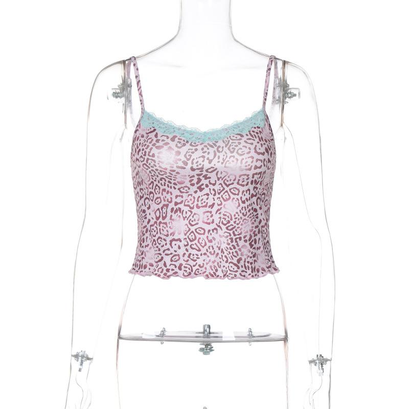 Print lace hem u neck backless cami top