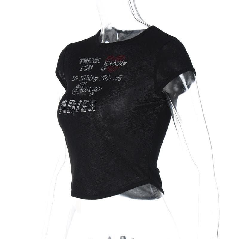 Cap sleeve crewneck letter pattern beaded crop top
