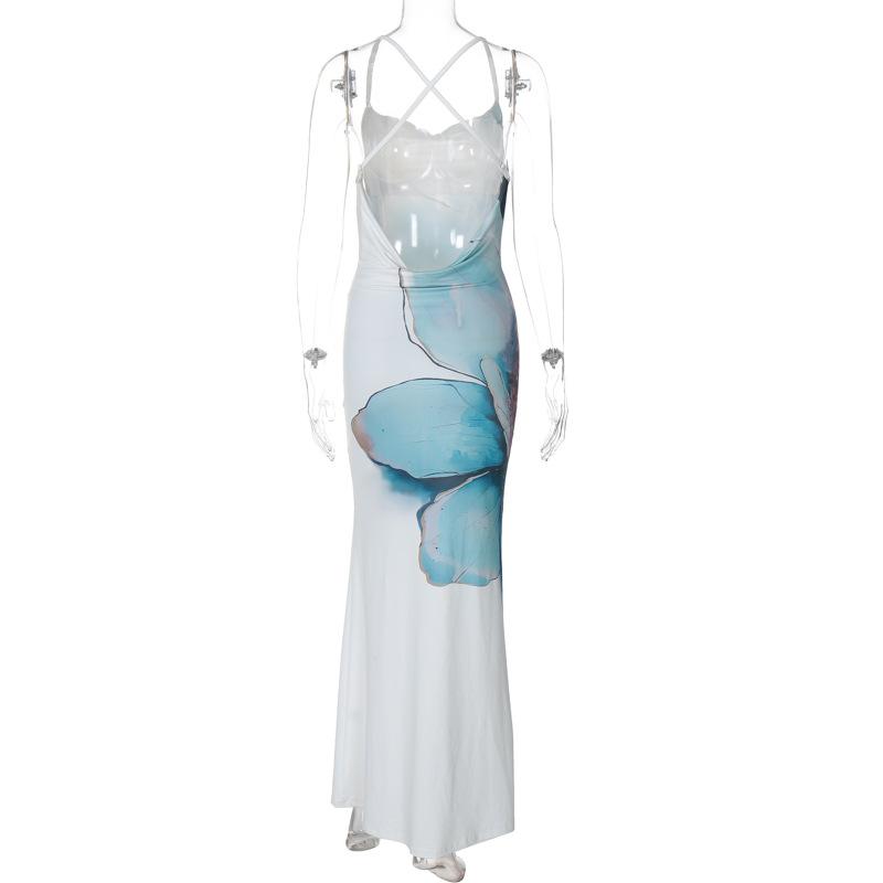Print cowl neck slit cross back cami maxi dress