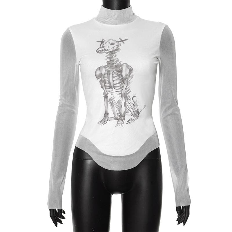 Long sleeve high neck skeleton dog print mesh top