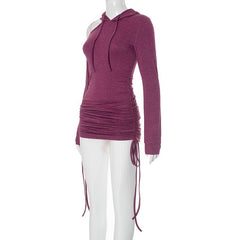 Hoodie long sleeve drawstring off shoulder mini dress