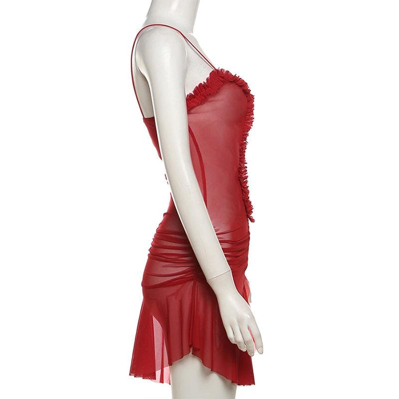 Ruched ruffle slit sheer mesh hollow out cami mini dress  | red tango dress  | samba dress