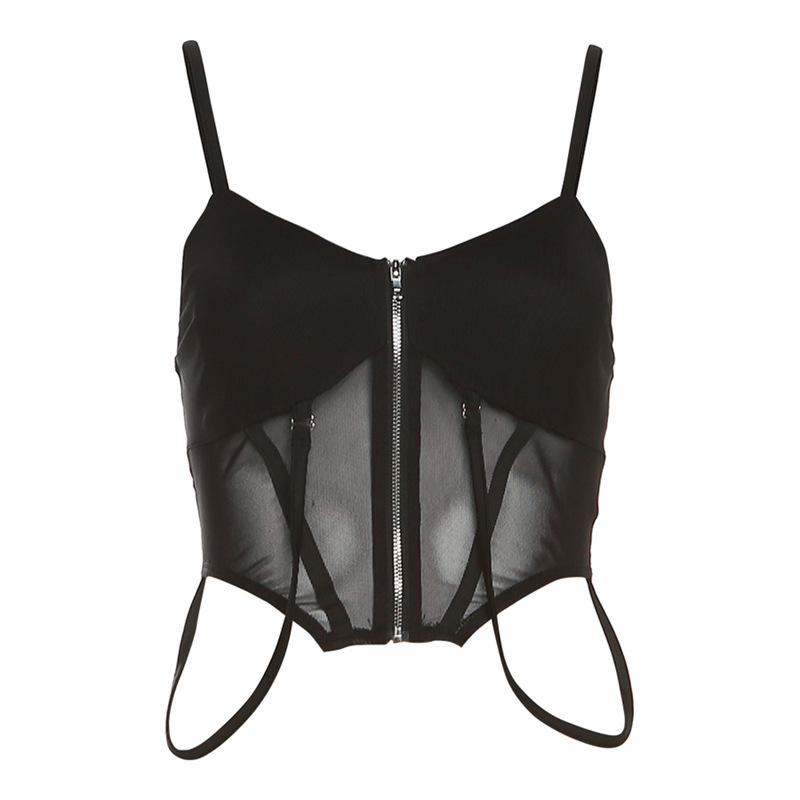 Zip-up mesh solid backless crop cami top