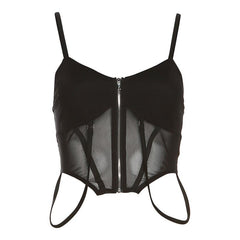 Zip-up mesh solid backless crop cami top