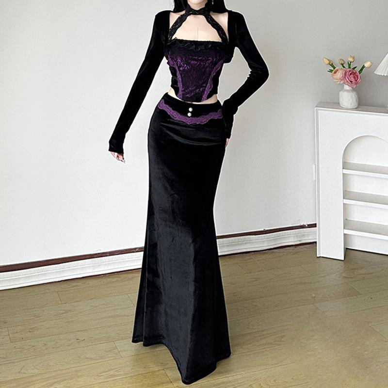 Halter long sleeve velvet lace hem 2 piece top