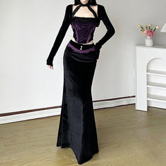 Halter long sleeve velvet lace hem 2 piece top