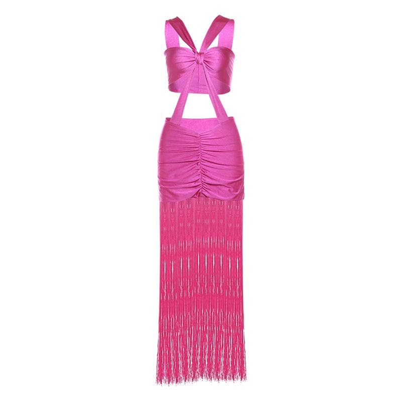 Ruched knotted tassels metallic cami mini dress  | red tango dress