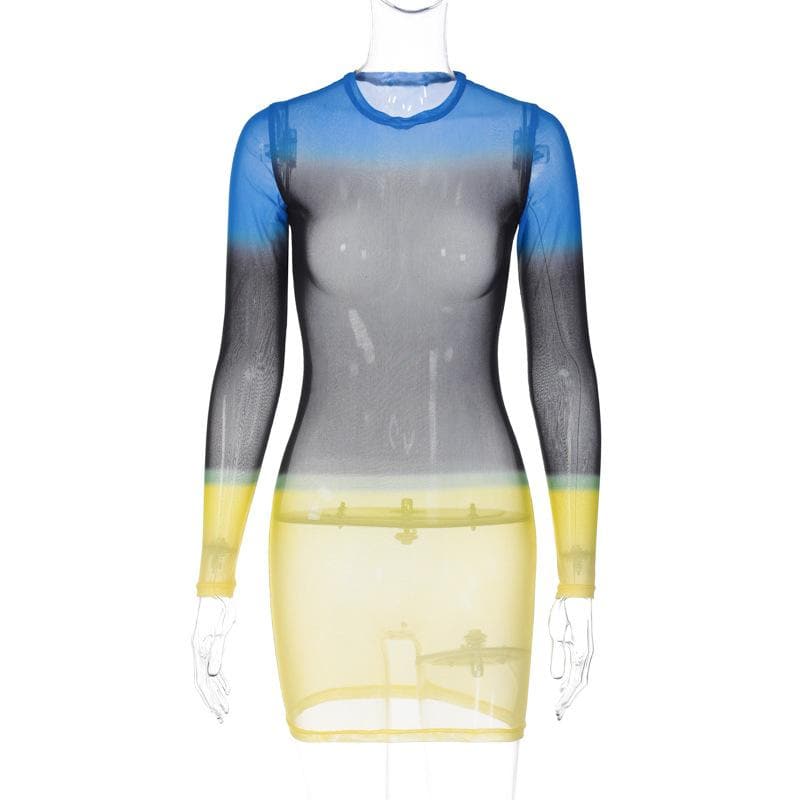 Contrast sheer mesh see through long sleeve crewneck mini dress  | samba dress
