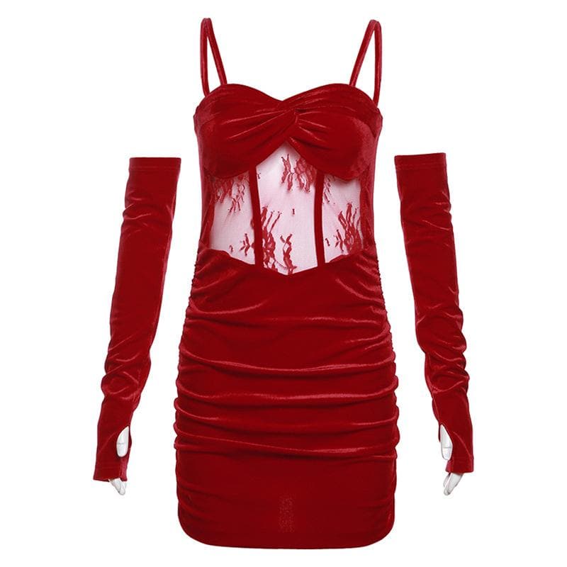 Velvet gloves ruched mesh backless cami mini dress  | red tango dress