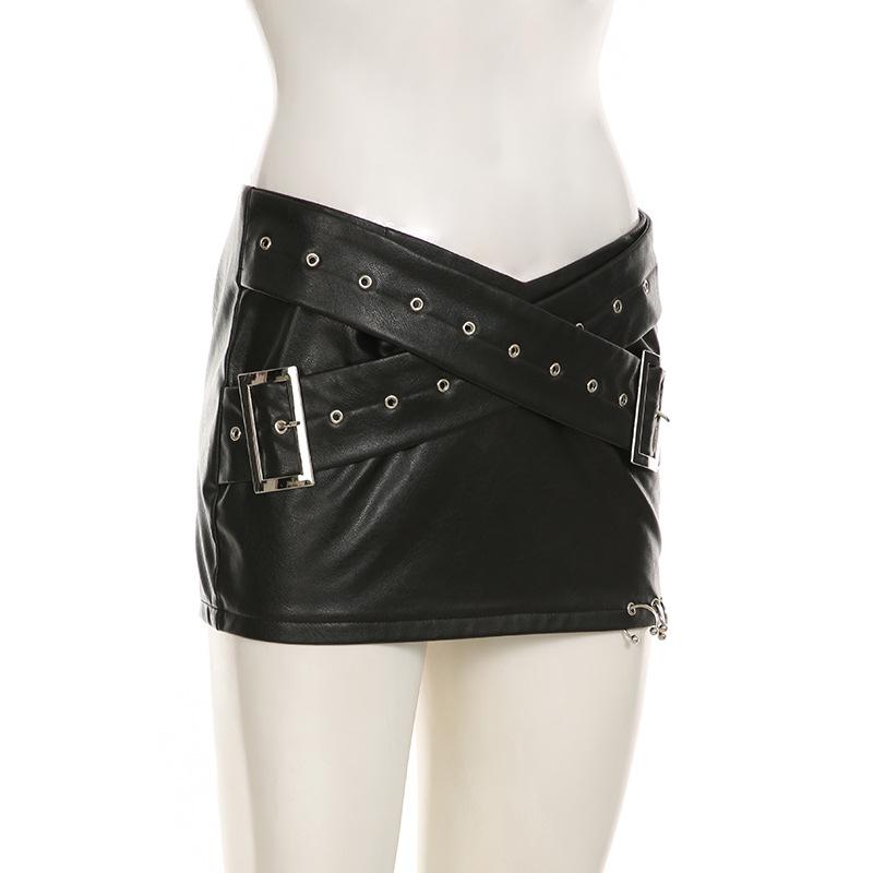 PU leather cross front buckle mini skirt