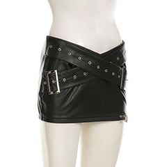 PU leather cross front buckle mini skirt