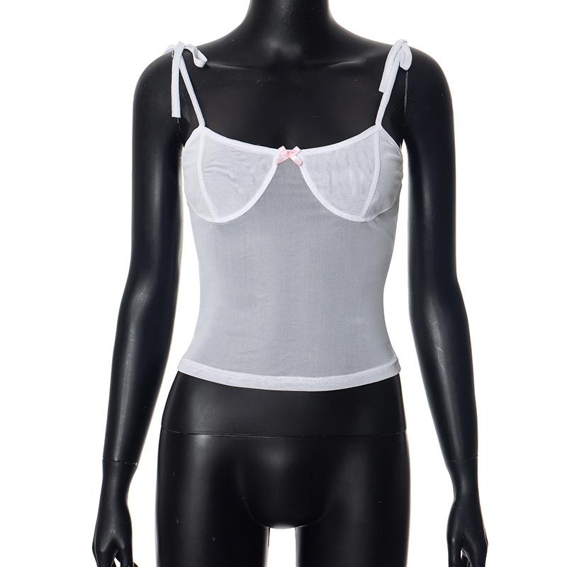 Sheer mesh see through bowknot self tie cami top