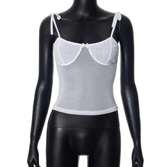 Sheer mesh see through bowknot self tie cami top