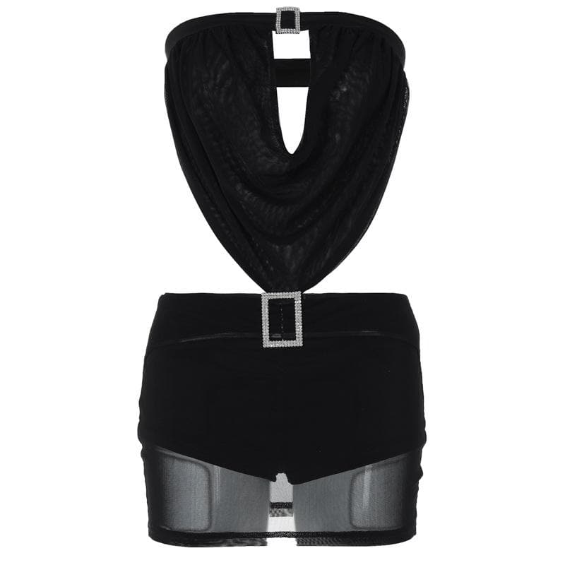 Ruched mesh see through buckle tube mini dress