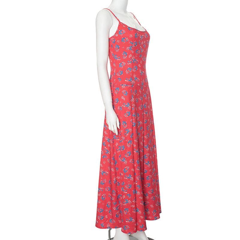 Flower print zip-up u neck cami maxi dress  | red tango dress