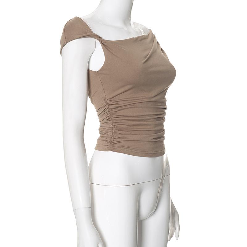 Short sleeve irregular ruched solid top
