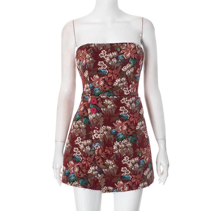 Flower print zip-up button tube mini dress
