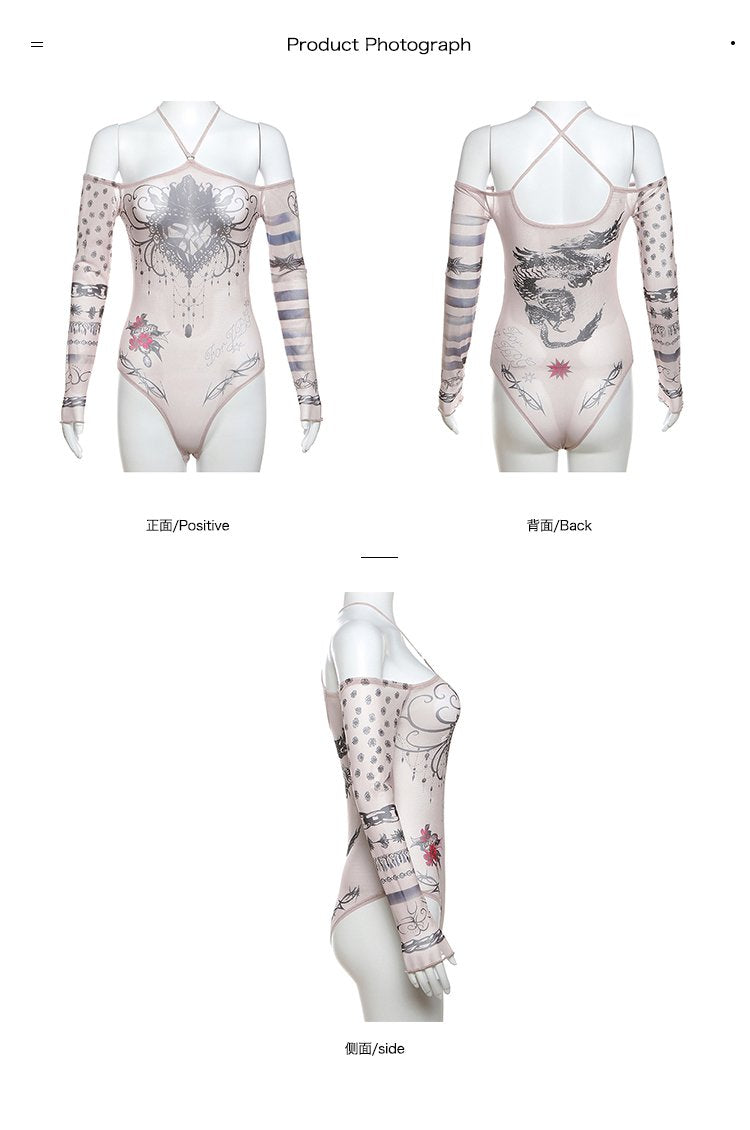 Halter long sleeve abstract mesh bodysuit