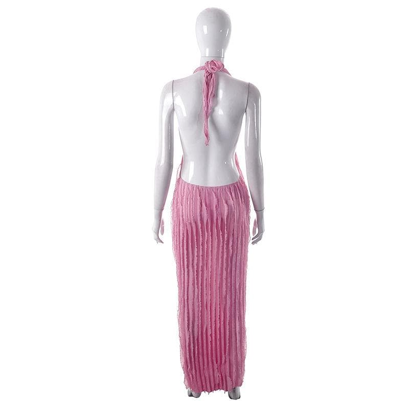 Textured ruffle solid halter self tie v neck backless maxi dress  | red tango dress