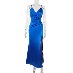 V neck ruched slit zip-up cami maxi dress