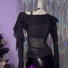 One shoulder long sleeve buckle cross pattern top