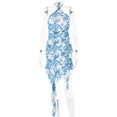 Halter ruffle tie dye irregular backless mini dress